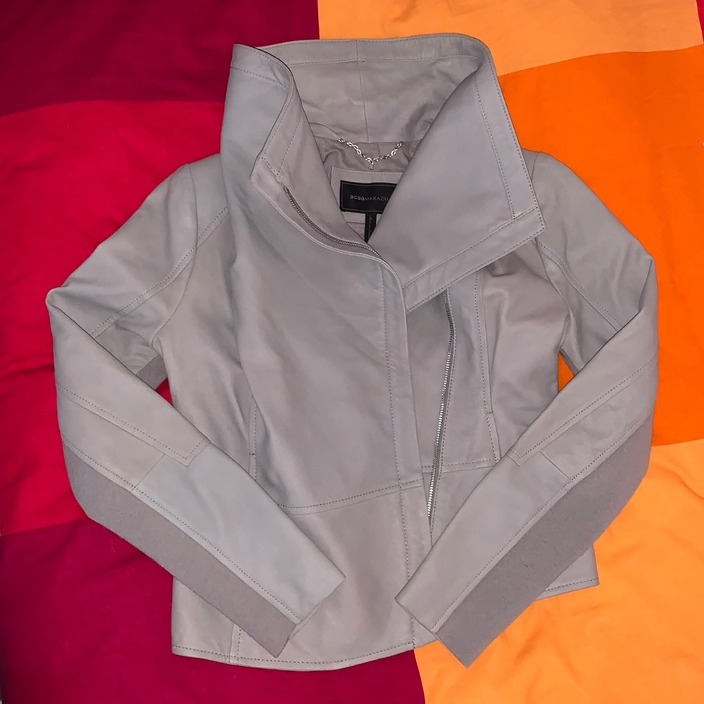 Grey 100% Gen. Goat Leather BCBG Maxazria Jacket